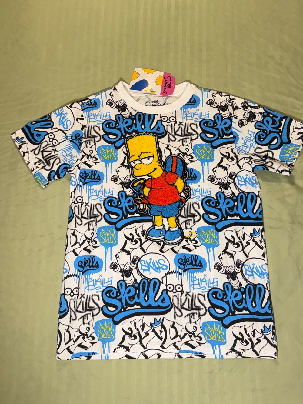 Kids Short Sleeve Graphic Tee in White & Blue - Bart Skate Design